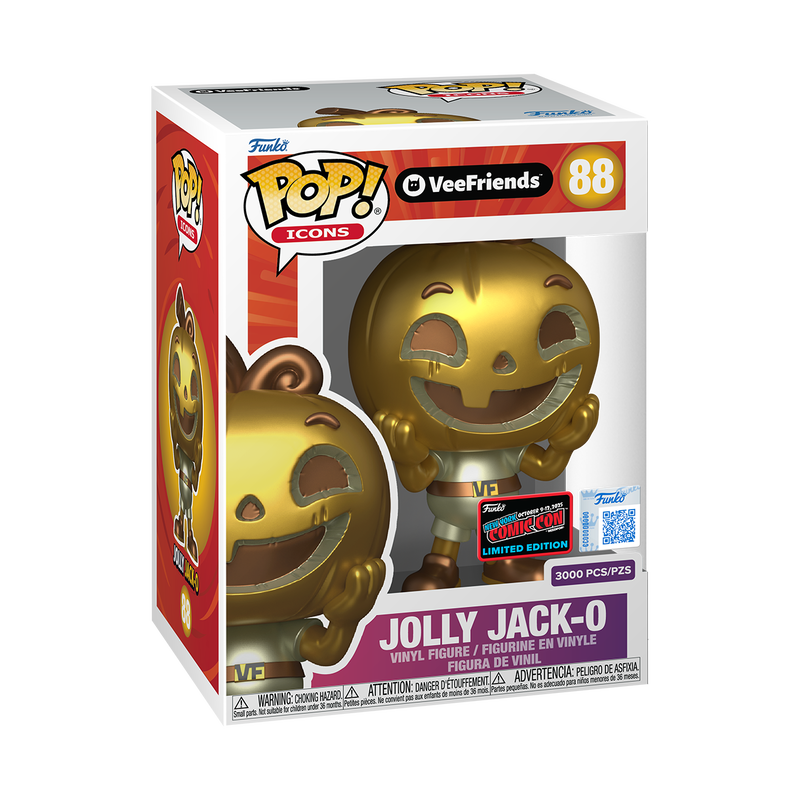 Gold Funko Pop! Icons: Veefriends Jolly Jack-O figure, NYCC 2025 Convention Exclusive, with limited edition box and unique design.