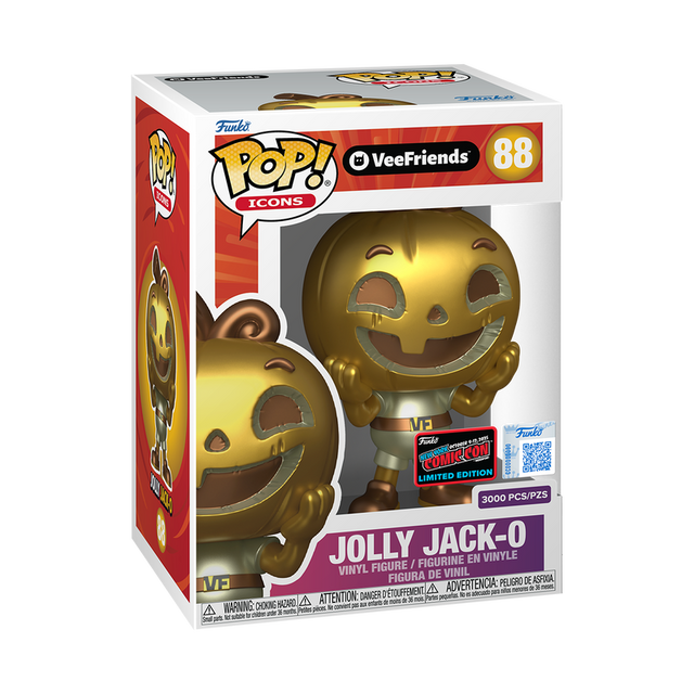 Gold Funko Pop! Icons: Veefriends Jolly Jack-O figure, NYCC 2025 Convention Exclusive, with limited edition box and unique design.