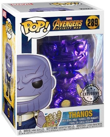 Chrome Funko Pop! Thanos from Marvel Avengers Infinity War, exclusive edition with detailed figure and vibrant metallic finish.