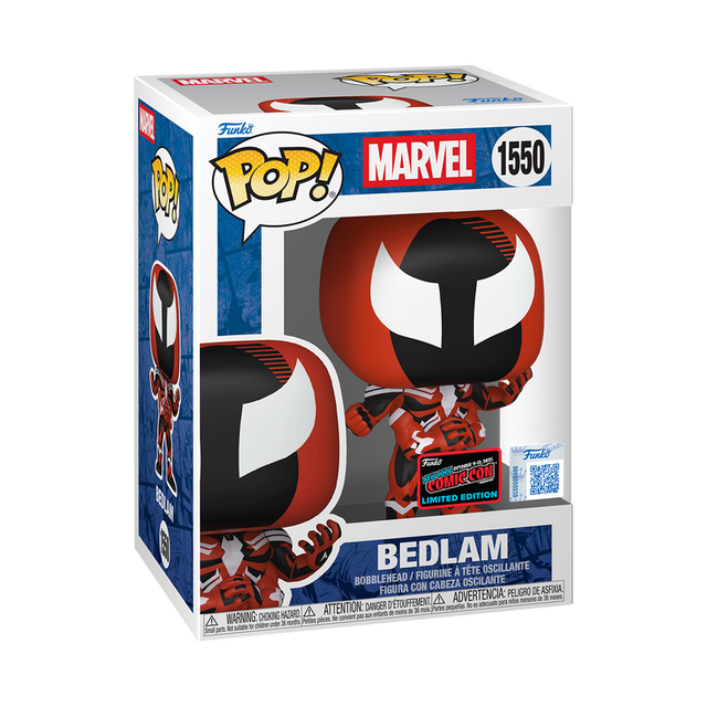 Funko Pop! Marvel Bedlam figure from 2025 NYCC Convention Exclusive, displayed in its box with collectible details
