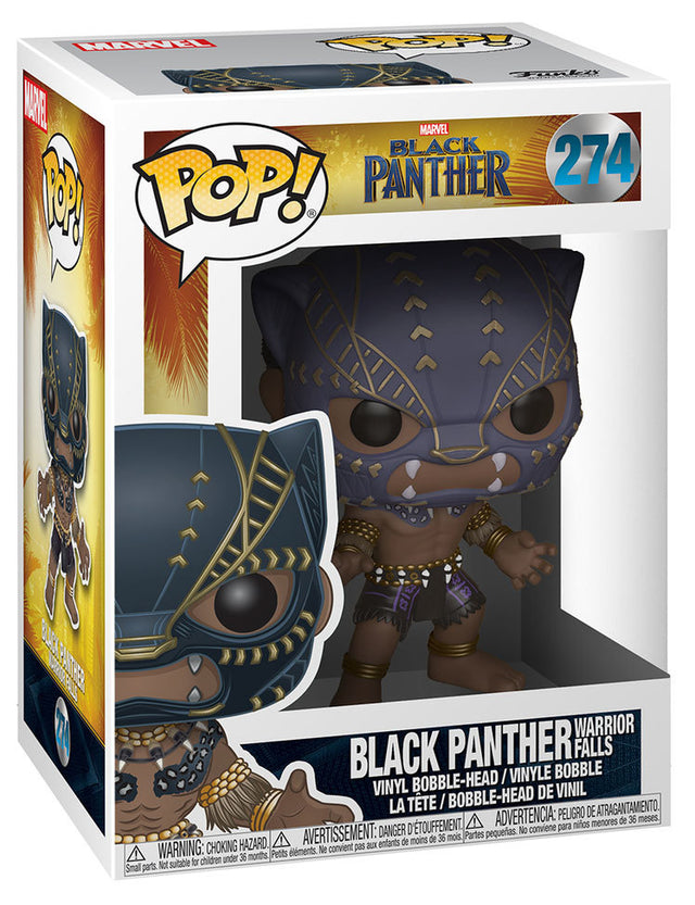 Funko Pop! Marvel Black Panther Warrior Falls figure, stylized vinyl collectible with detailed black Panther costume and pose.
