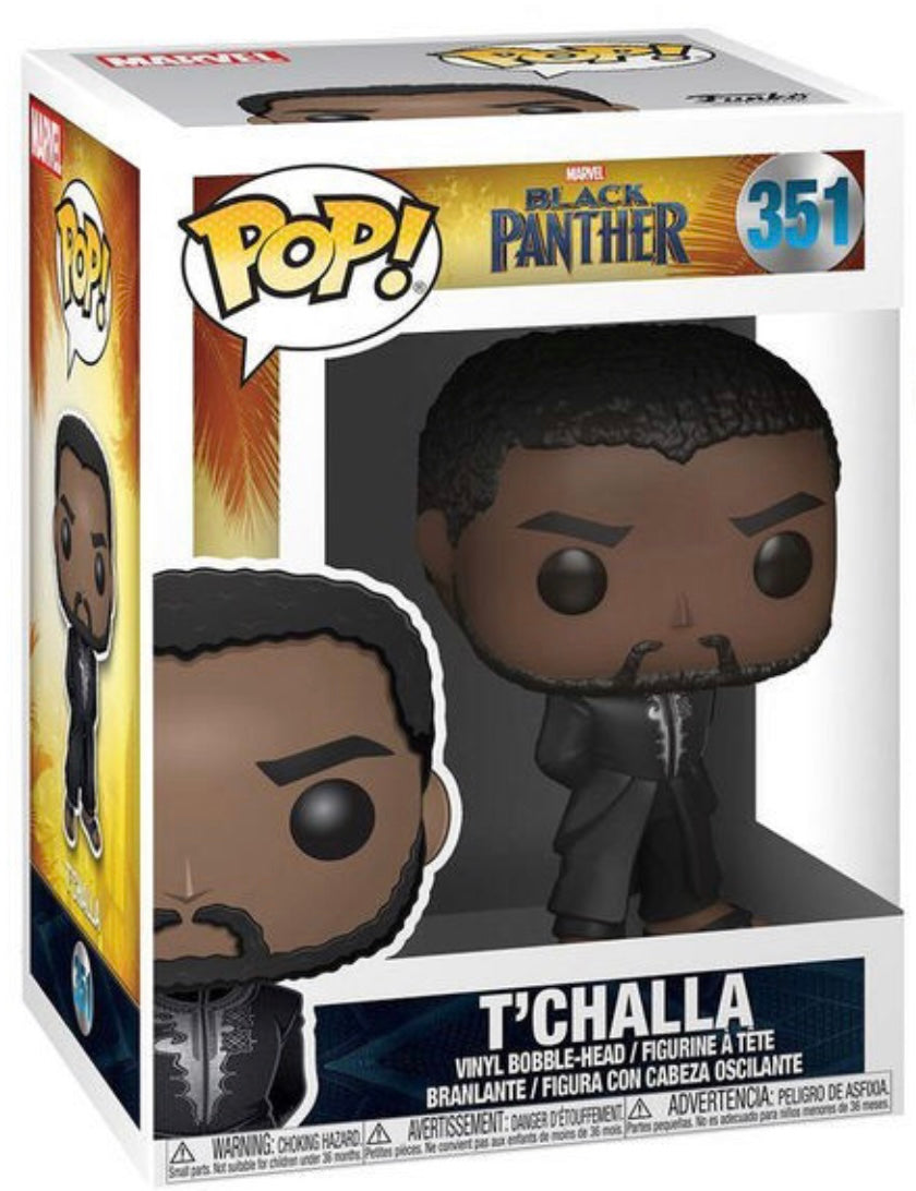 Funko Pop! Marvel Black Panther T'Challa figure with detailed black costume and vibrant mask, collectible toy from Shak's Pop Shop