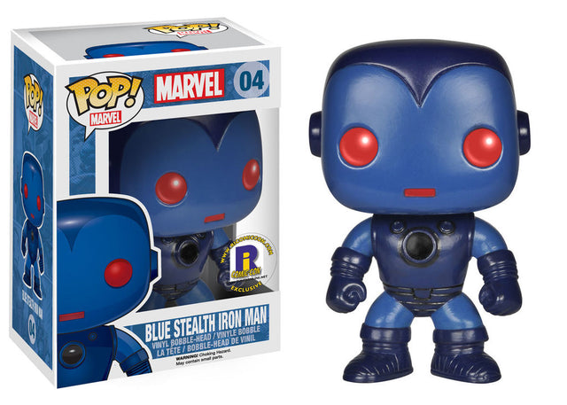 Funko Pop! Marvel Blue Stealth Iron Man figure, 2014 RICC Exclusive, from Shak's Pop Shop, featuring detailed Iron Man design.