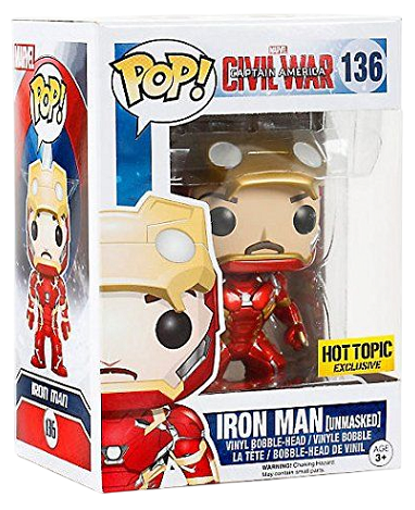 Funko Pop! Marvel Iron Man Unmasked figure from Captain America Civil War, Hot Topic exclusive with box imperfection, by Shak's Pop Shop.