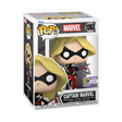 Funko Pop! Marvel Captain Marvel Carol Danvers figure with SDCC 2023 con sticker, featuring her iconic costume and pose.