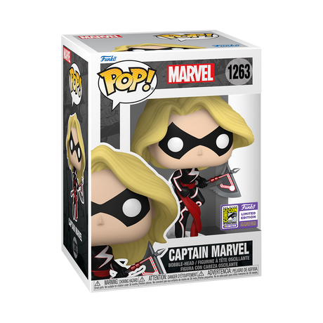 Funko Pop! Marvel Captain Marvel Carol Danvers figure with SDCC 2023 con sticker, featuring her iconic costume and pose.