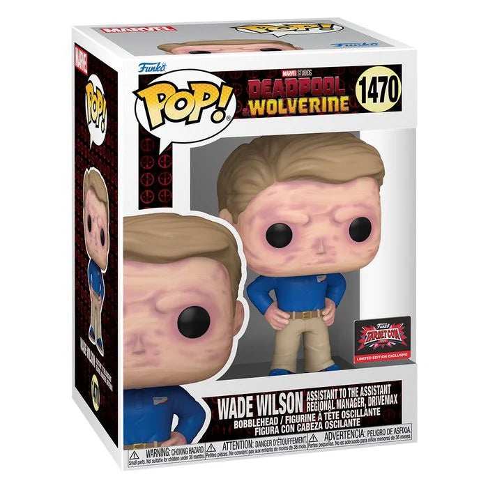 Funko Pop! Marvel Deadpool and Wolverine Wade Wilson action figures with box imperfection, collectible figures by Shak's Pop Shop.