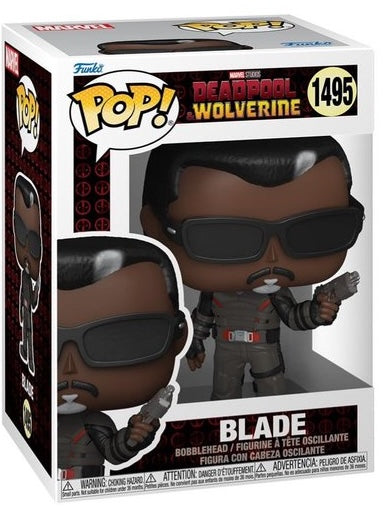 Funko Pop! Marvel Deadpool, Wolverine, and Blade figures from Shak's Pop Shop, featuring collectible superhero characters in stylized vinyl form.
