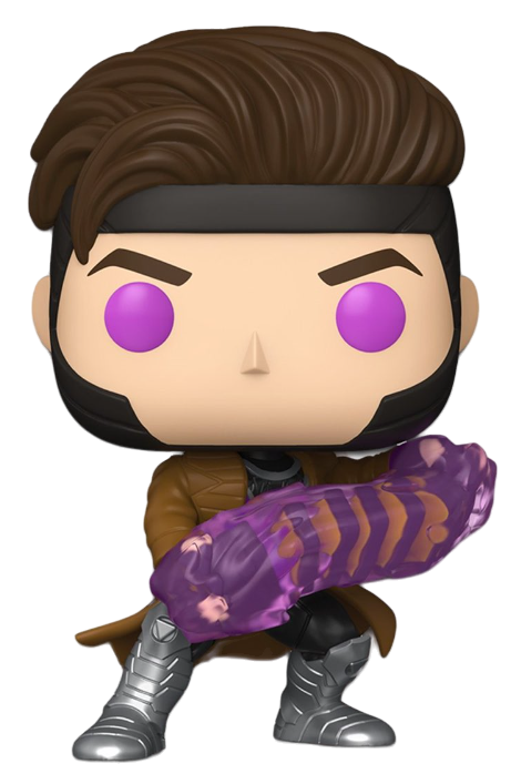 Funko Pop! Marvel figures of Deadpool, Wolverine, and Gambit in collectible vinyl toy styles, featuring detailed character designs.