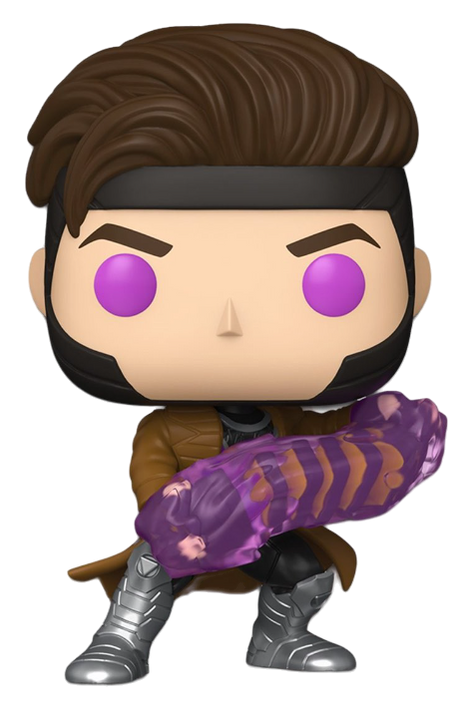 Funko Pop! Marvel figures of Deadpool, Wolverine, and Gambit in collectible vinyl toy styles, featuring detailed character designs.