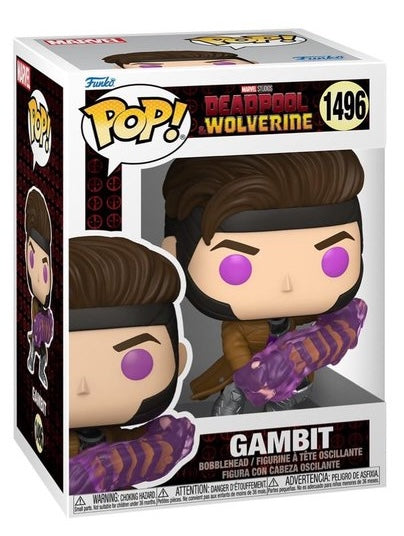 Funko Pop! Marvel figures of Deadpool, Wolverine, and Gambit, collectible vinyl toys with detailed character designs.