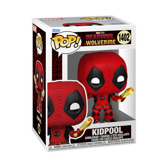 Funko Pop! Marvel Deadpool and Wolverine Kidpool figures from Shak's Pop Shop, featuring detailed collectible vinyl characters.