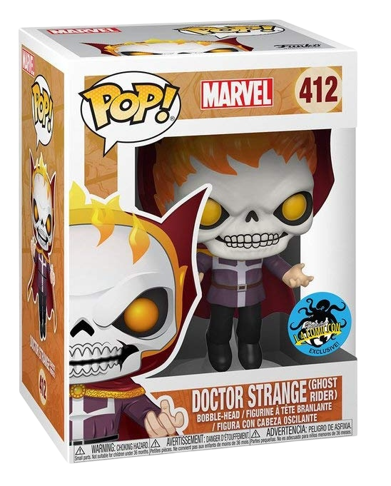 Funko Pop! Marvel Doctor Strange Ghost Rider figure with box damage, collectible toy from Shak's Pop Shop, LACC Exclusive release