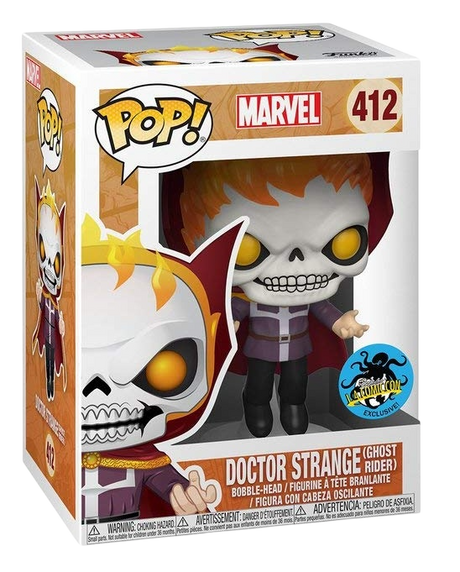 Funko Pop! Marvel Doctor Strange Ghost Rider figure with box damage, collectible toy from Shak's Pop Shop, LACC Exclusive release
