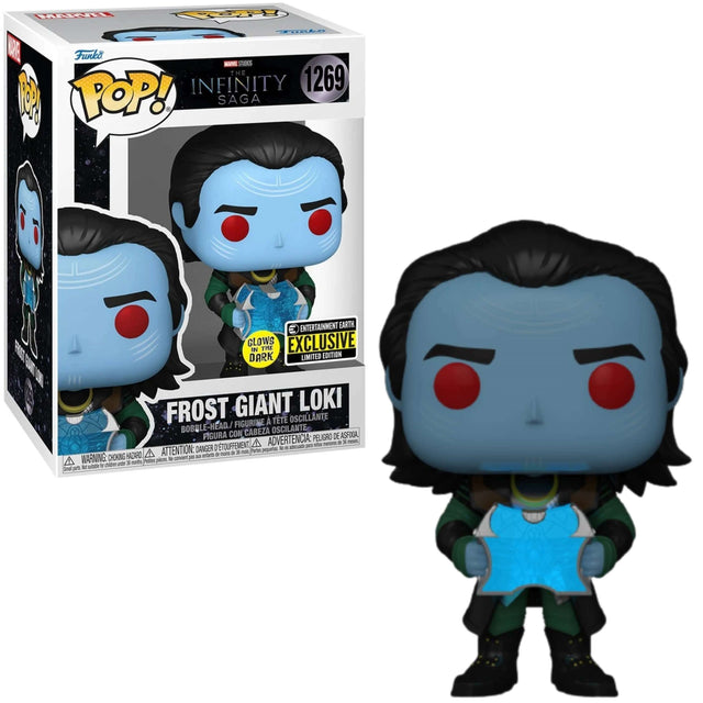 Funko Pop! Marvel Frost Giant Loki figure holding the Casket of the Ancients, glowing and exclusive to Entertainment Earth.