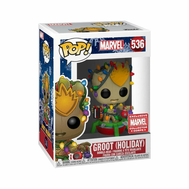 Funko Pop! Marvel Groot Holiday figure with box imperfection, collectible Marvel character in festive holiday design.