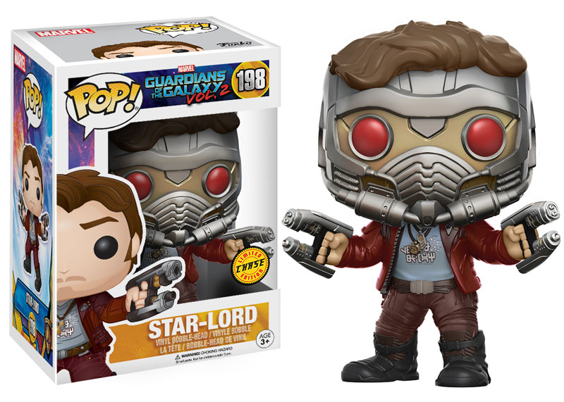 Funko Pop! Marvel Guardians of the Galaxy Vol. 2 Star Lord masked Chase figure, collectible toy with detailed costume and helmet.