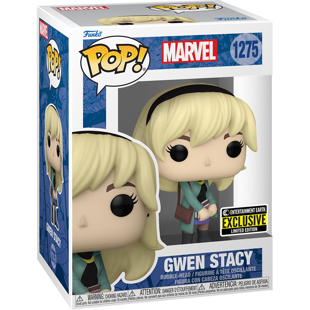 Funko Pop! Marvel Gwen Stacy figure with box imperfection, featuring Gwen in her costume and signature hairstyle.