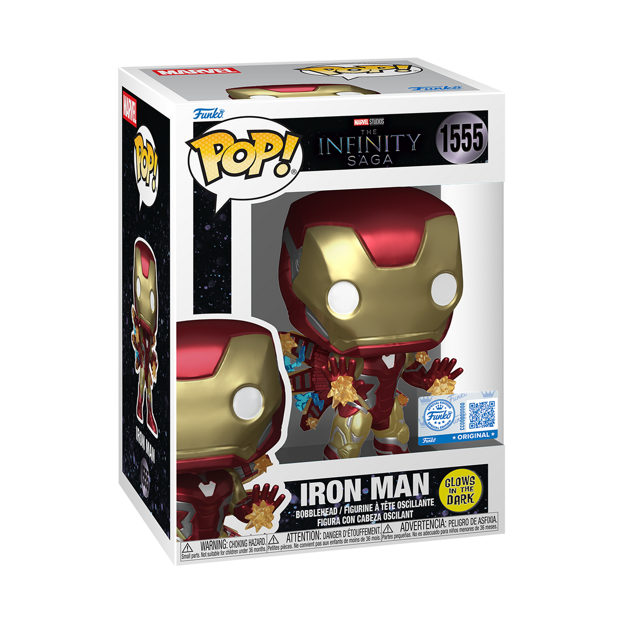 Funko Pop! Marvel Infinity Saga Iron Man glow figure, collectible toy with metallic red and gold armor, special edition design