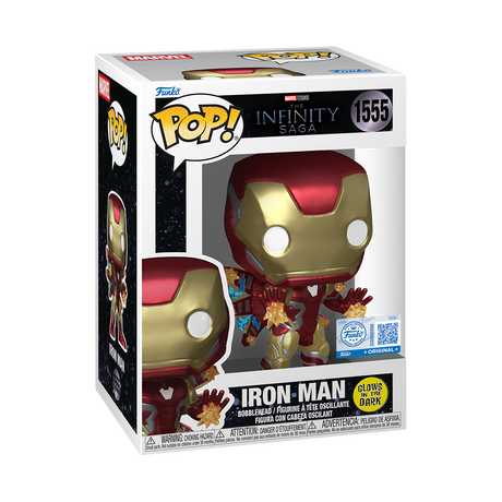 Funko Pop! Marvel Infinity Saga Iron Man glow figure, collectible toy with metallic red and gold armor, special edition design