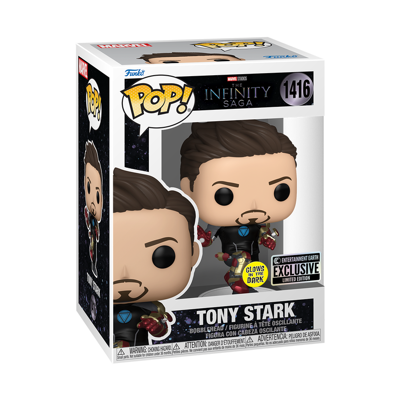 Funko Pop! Marvel Tony Stark MK42 Armor figure from Infinity Saga, entertainment exclusive collectible with detailed suit design.