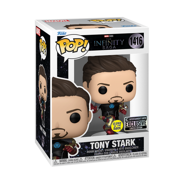 Funko Pop! Marvel Tony Stark MK42 Armor figure from Infinity Saga, entertainment exclusive collectible with detailed suit design.