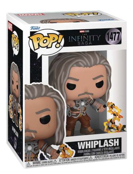 Funko Pop! Marvel Infinity Saga Whiplash figure featuring detailed design and dynamic pose in black costume with metallic accents.
