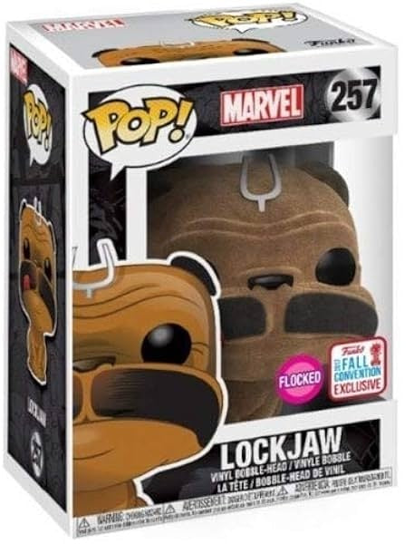 Funko Pop! Marvel Inhumans Lockjaw Flocked figure, collectible toy with detailed design, from the 2017 Fall Convention shared exclusive.