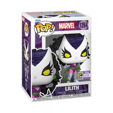 Funko Pop! Marvel Lilith figure with SDCC 2023 sticker, featuring her distinctive costume and pose, by Shak's Pop Shop.