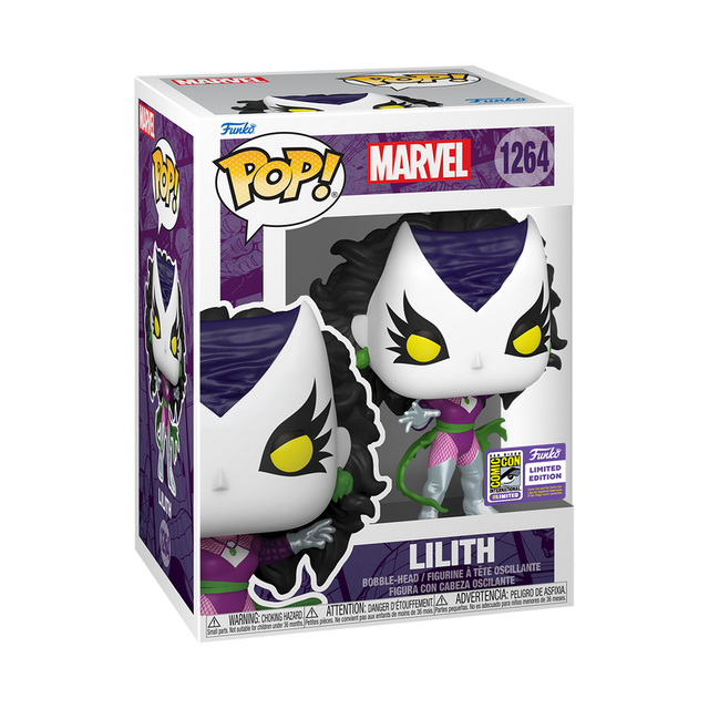 Funko Pop! Marvel Lilith figure with SDCC 2023 sticker, featuring her distinctive costume and pose, by Shak's Pop Shop.