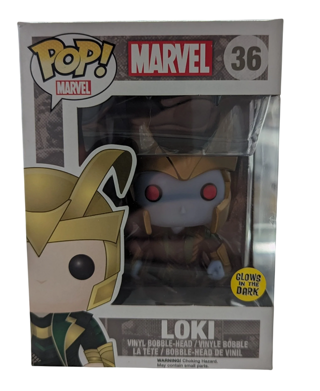 Funko Pop! Marvel Loki Frost Giant glow figure, collectible toy from Shak's Pop Shop, featuring Loki in frost giant form with glow effect.
