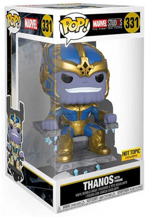 Funko Pop! Marvel: Marvel Studios Thanos with Throne figure, 6-inch size, exclusive to Hot Topic, detailed Marvel character collectible.