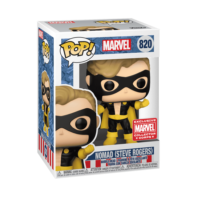 Funko Pop! Marvel Nomad Steve Rogers figure, Marvel Collector Corps exclusive with detailed costume and signature pose.