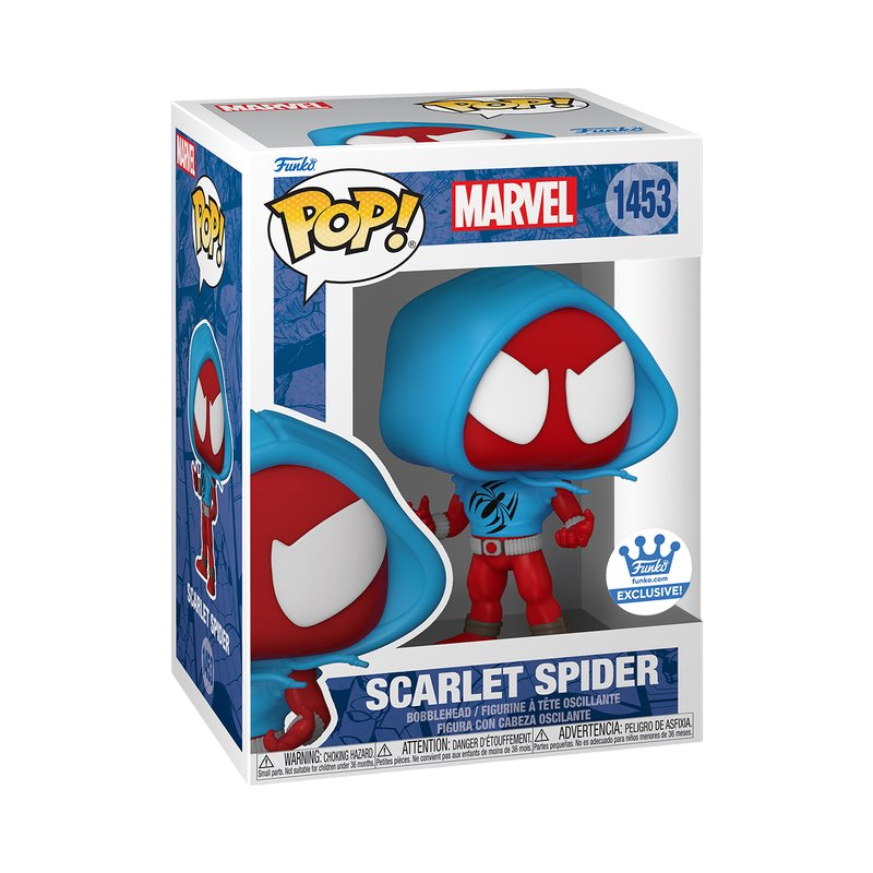 Funko Pop! Marvel Scarlet Spider figure from Shak's Pop Shop, featuring the iconic superhero in detailed vinyl collectible style.