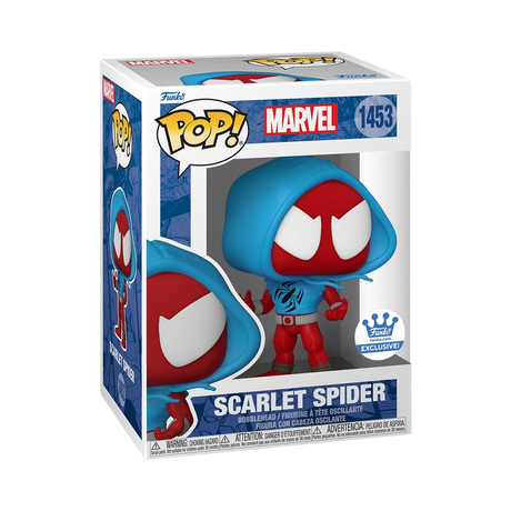 Funko Pop! Marvel Scarlet Spider figure from Shak's Pop Shop, featuring the iconic superhero in detailed vinyl collectible style.