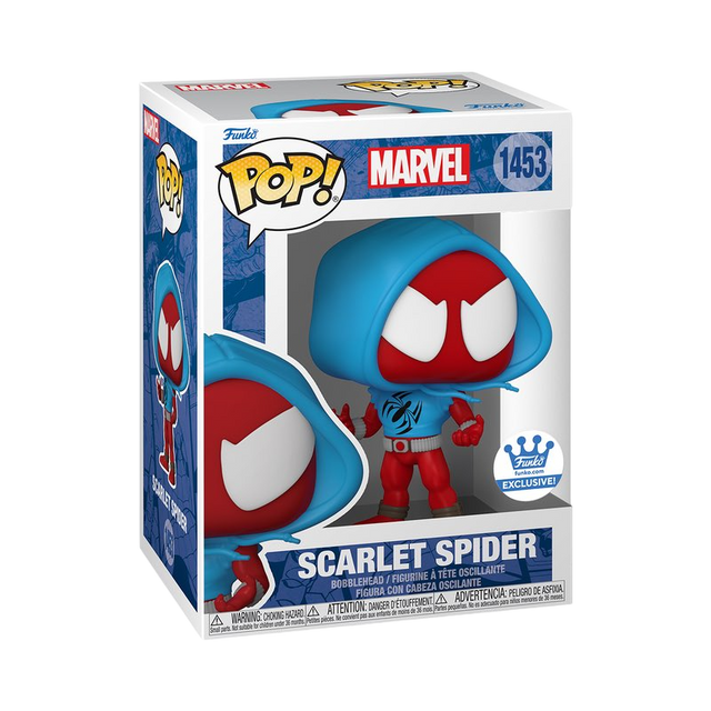Funko Pop! Marvel Scarlet Spider figure from Shak's Pop Shop, featuring the iconic superhero in detailed vinyl collectible style.