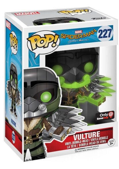 Funko Pop! Marvel Spider-Man Homecoming Vulture glow figure, exclusive from GameStop, featuring detailed design and vibrant colors.