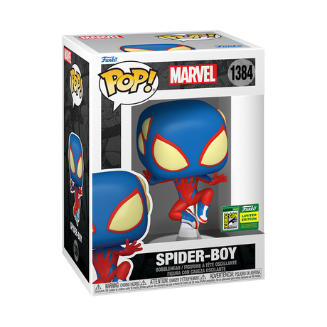 Funko Pop! Marvel Spider-Man: Spider-Boy figure with SDCC 2024 convention sticker, detailed vinyl toy collectible.