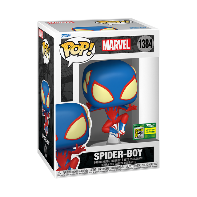 Funko Pop! Marvel Spider-Man: Spider-Boy figure with SDCC 2024 convention sticker, detailed vinyl toy collectible.