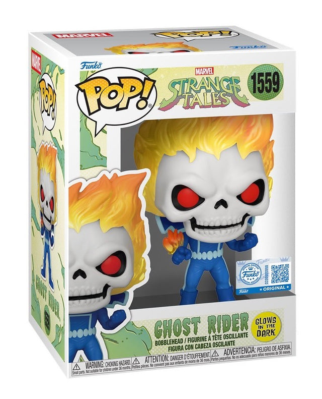 Funko Pop! Marvel Strange Tales Ghost Rider glow figure, collectible vinyl toy with fiery details in special edition packaging