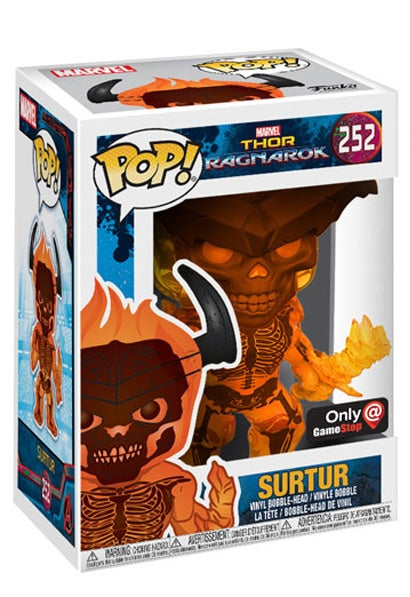 Funko Pop! Marvel Thor Ragnarok Surtur figure with box imperfection, collectible toy from Shak's Pop Shop, detailed character design