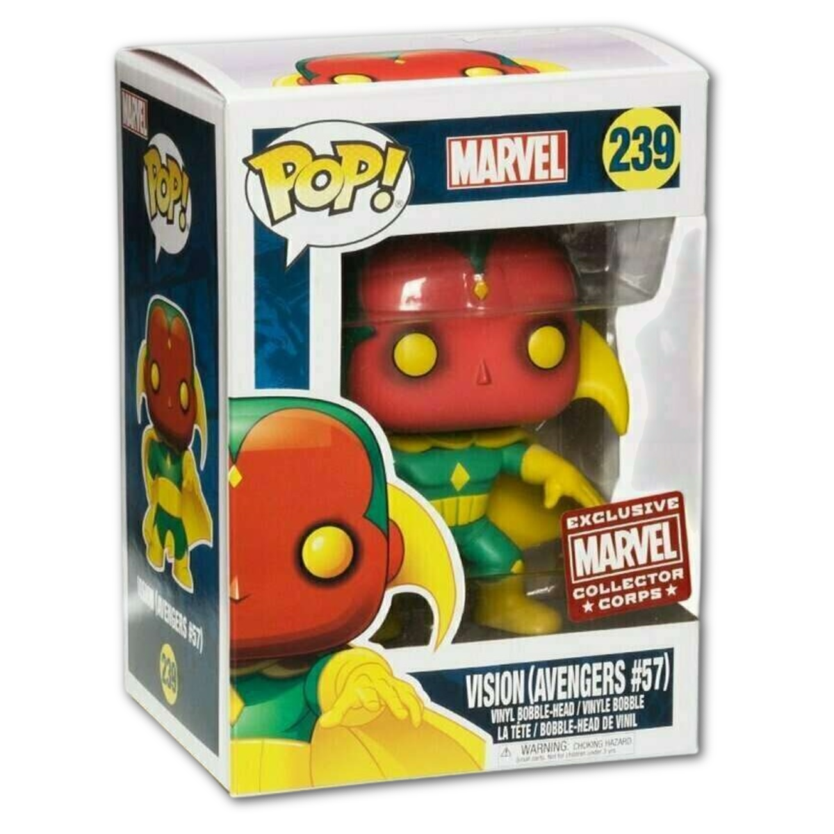 Funko Pop! Marvel Vision figure from Avengers #57, Marvel Collector Corps Exclusive, displayed in its stylized vinyl figure form.