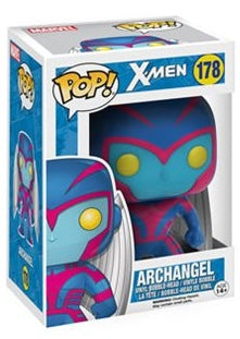 Funko Pop! Marvel X-Men Archangel figure with box imperfection, collectible toy from Shak's Pop Shop, detailed cartoon character design.