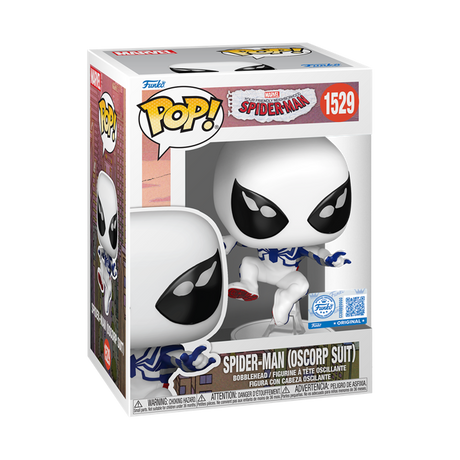 Funko Pop! Marvel Spider-Man in Oscorp suit figure from the Your Friendly Neighborhood Spider-Man collection, exclusive to Funko Shop.