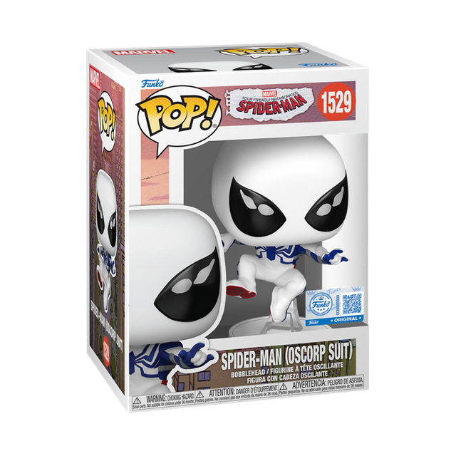 Funko Pop! Marvel Spider-Man in Oscorp suit figure from the Your Friendly Neighborhood Spider-Man collection, exclusive to Funko Shop.