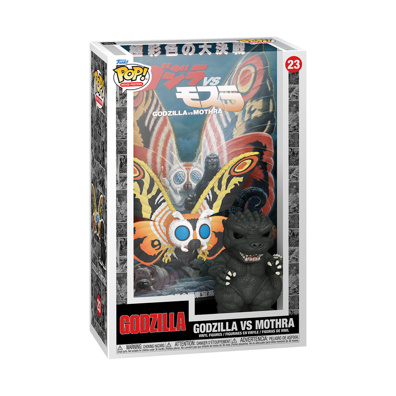 Funko Pop! figure of Godzilla and Mothra from the Godzilla 70th Anniversary movie poster, featuring detailed character designs.