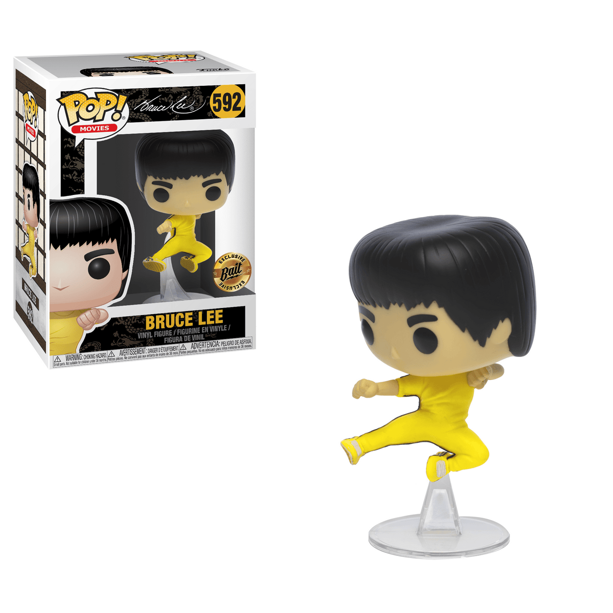 Funko Pop! Movies Bruce Lee Flying Man figure with box imperfection, Bait Exclusive collectible in original packaging.