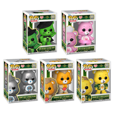 Five Funko Pop! figures from the Care Bears x Wicked movie bundle, featuring colorful character designs in collectible vinyl form.