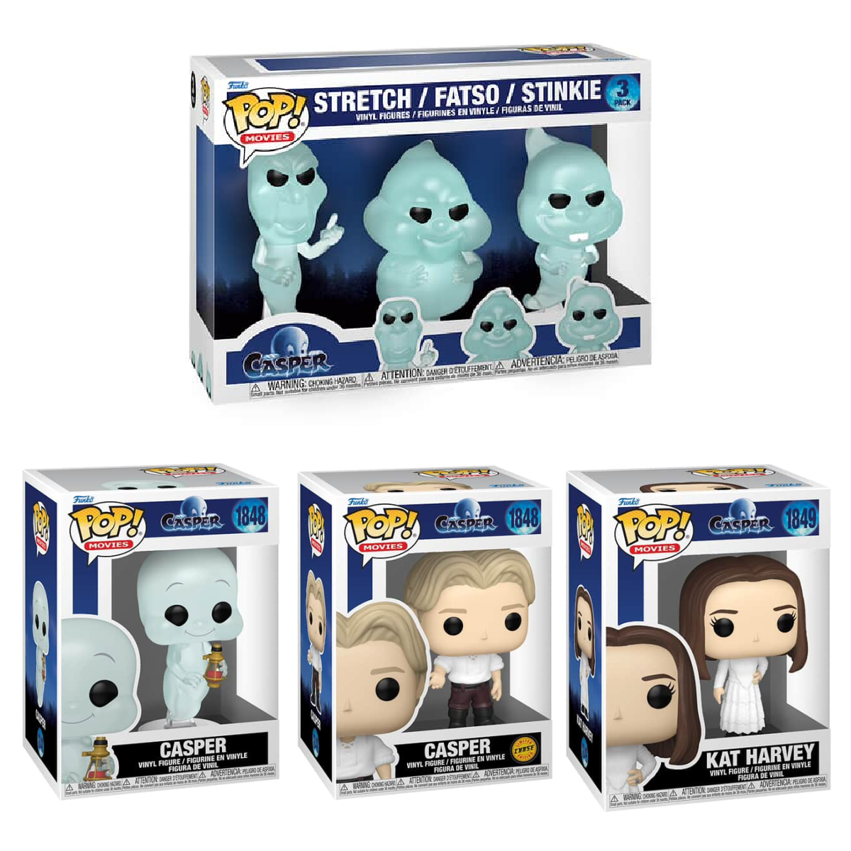 Six Funko Pop! Movies Casper figures from Shak's Pop Shop, featuring collectible vinyl dolls with iconic character designs.