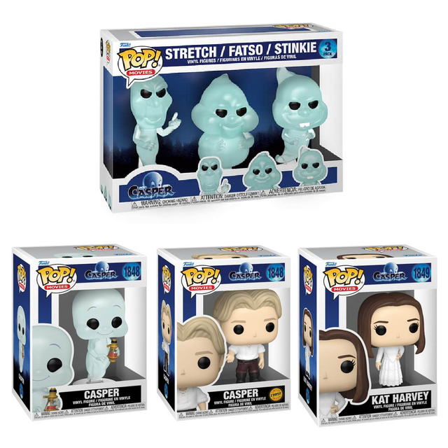 Six Funko Pop! Movies Casper figures from Shak's Pop Shop, featuring collectible vinyl dolls with iconic character designs.